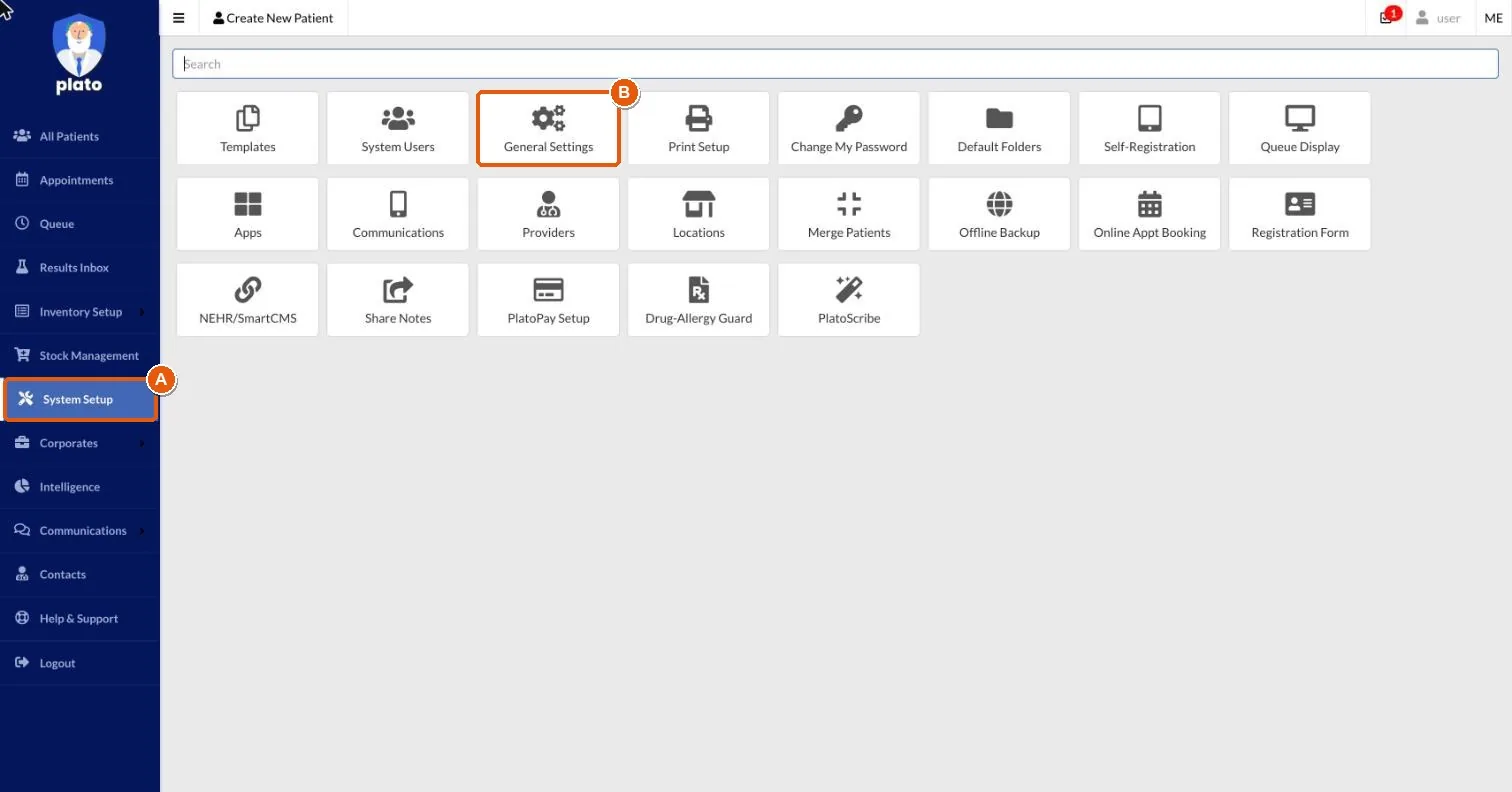 Plato System Setup page. The System Setup menu item is marked A and the General Settings tile is marked B.