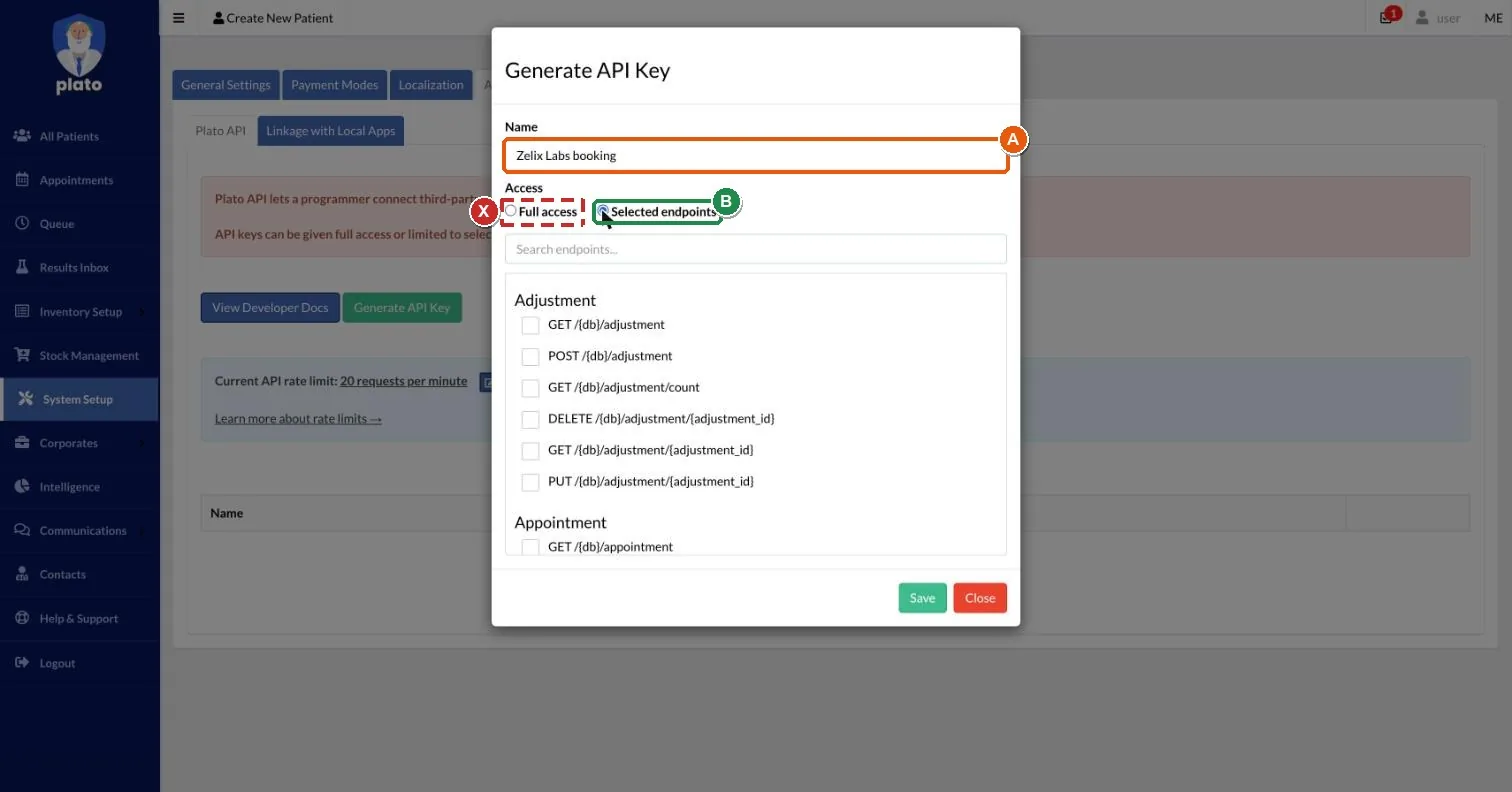 Generate API Key form. The Name field is marked A, Full access is crossed out, and Selected endpoints is marked B.