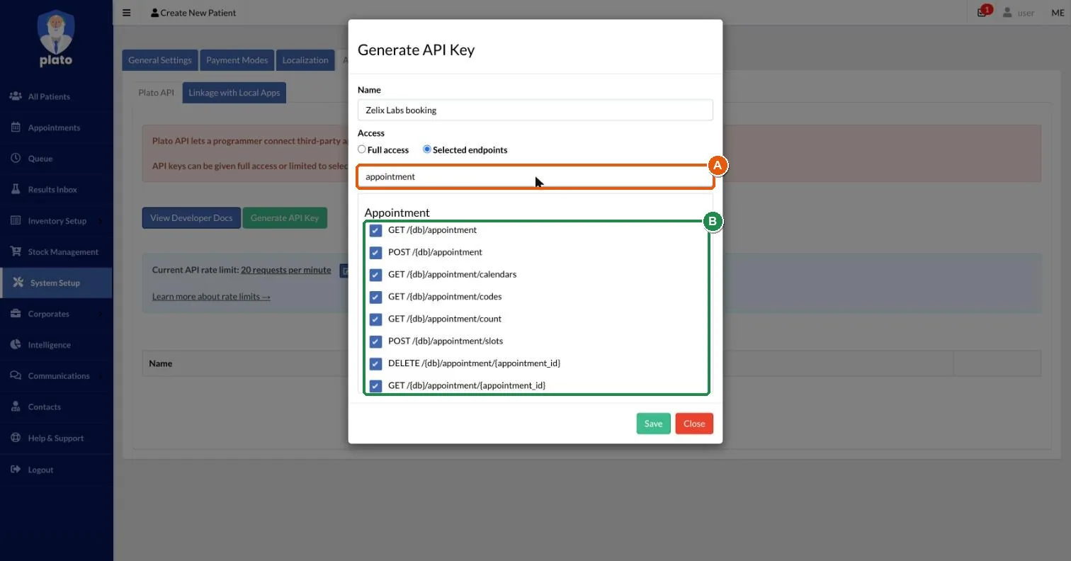 Endpoint list filtered to appointment, with the search box marked A and the ticked appointment endpoints marked B.