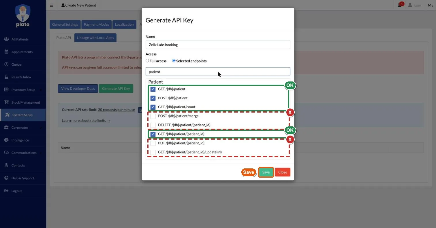 Endpoint list filtered to patient. Four ticked endpoints are marked OK in green, four unticked endpoints are marked X in red, and the Save button is marked.