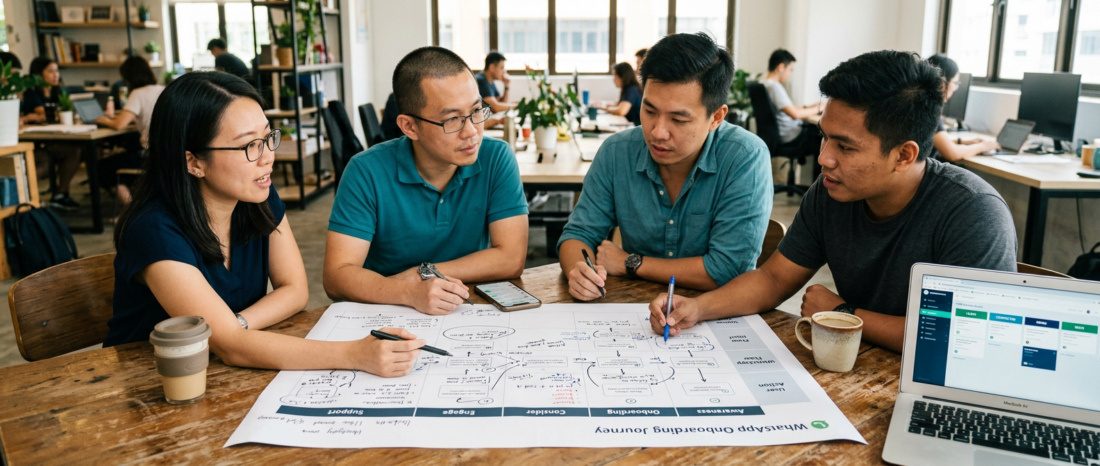 Zelix team mapping a customer's WhatsApp conversation flow at a workshop table