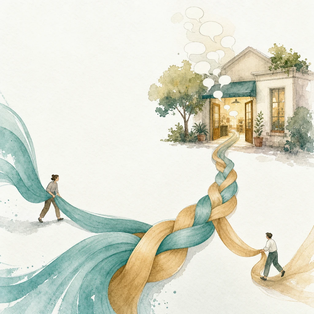 Watercolour illustration of two coloured threads braiding into one ribbon that flows into a warmly lit shopfront