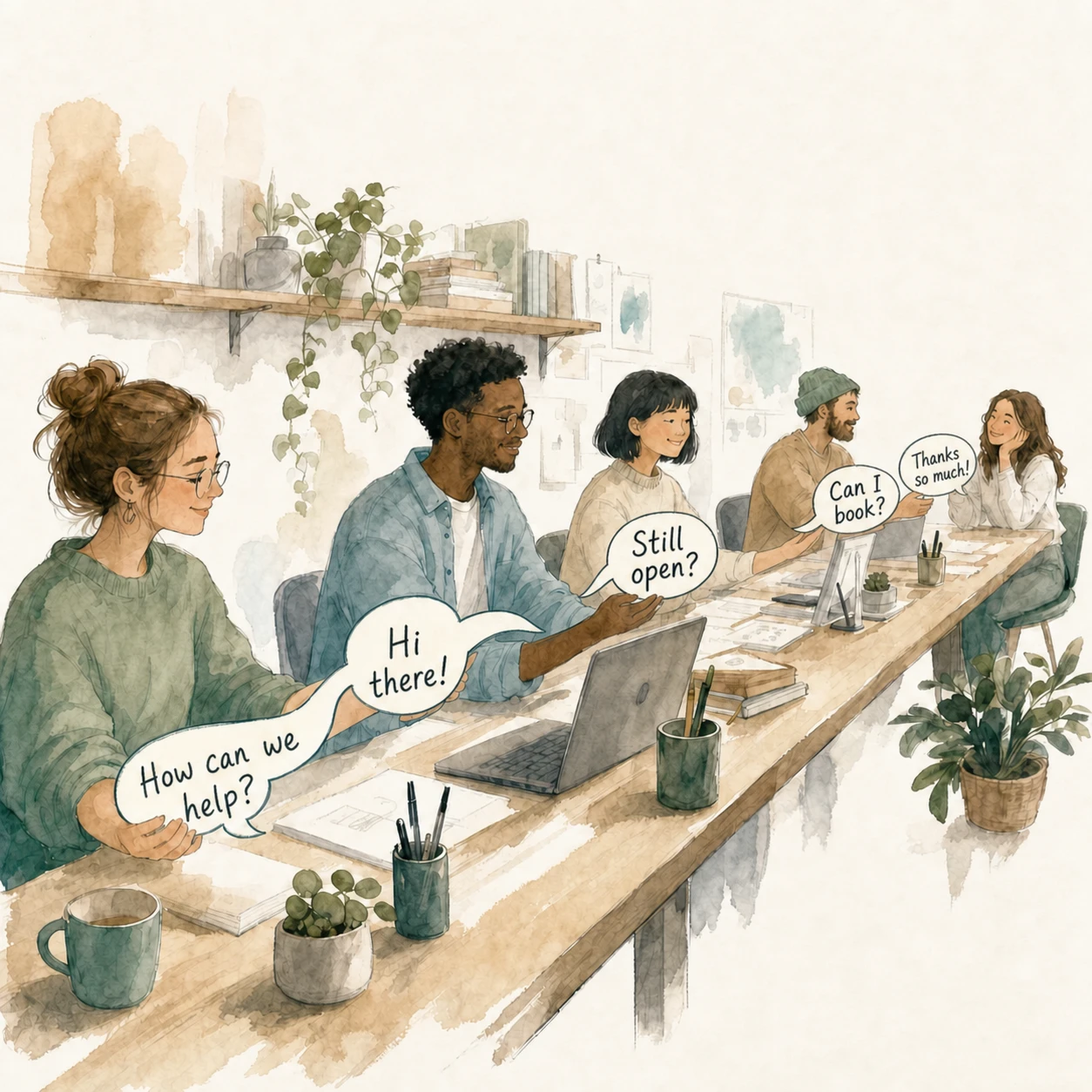 Watercolour illustration of a team of small helpers passing a ribbon of conversations along a shared desk to a human colleague