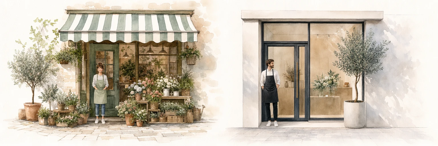 Watercolour illustration of two neighbouring shopfronts in the same trade, one homely with a striped awning and one sleek with a tall glass door