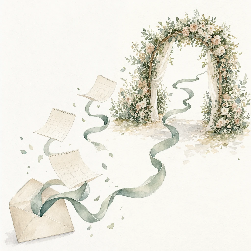 Watercolour illustration of a ribbon winding from an envelope through calendar pages to a garden wedding archway