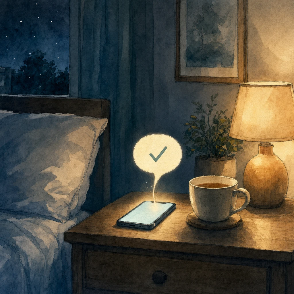 Watercolour illustration of a phone glowing calmly on a bedside table at night beside a warm lamp and a cup of tea