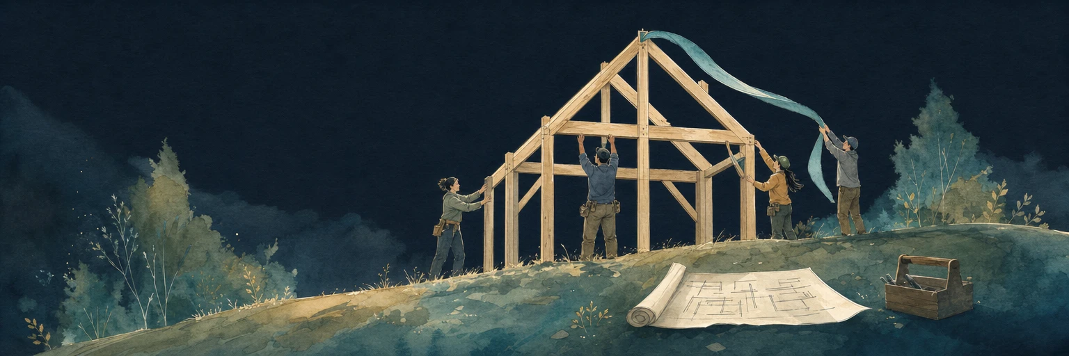Watercolour illustration of a small team raising a timber frame together under a night sky