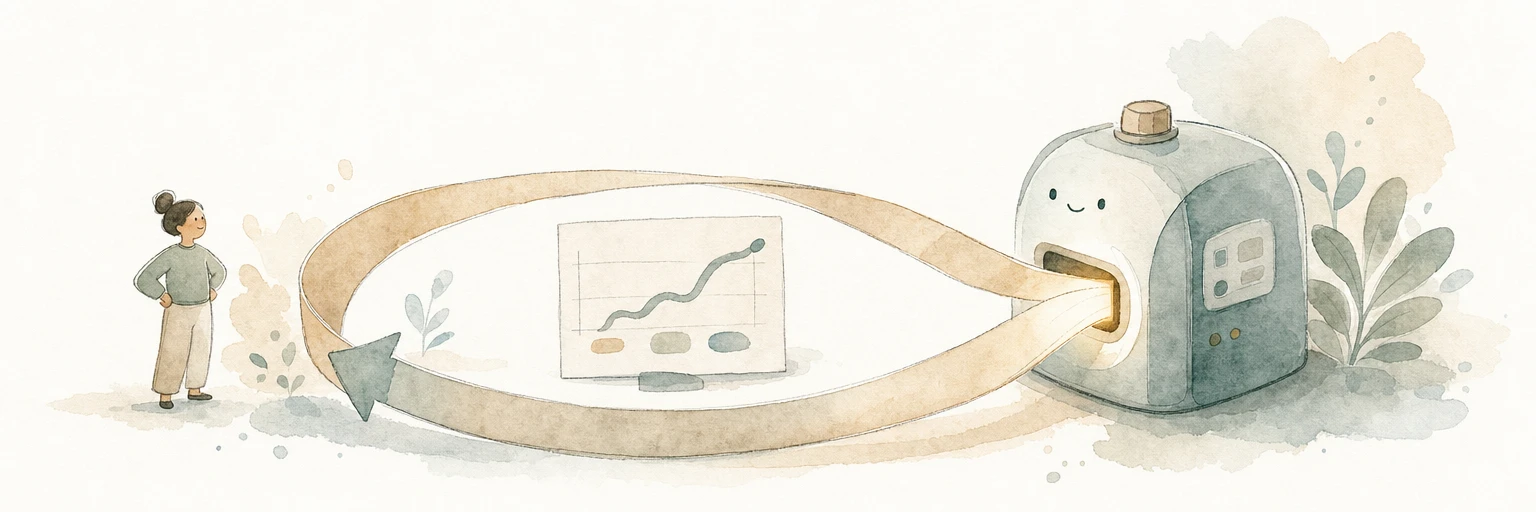 Watercolour illustration of a ribbon looping out of a machine through a rising chart and back into it, glowing brighter where it returns