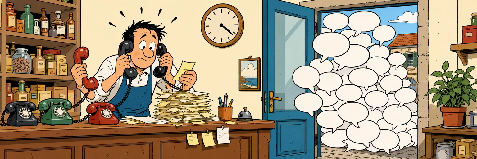Illustration of a shopkeeper juggling ringing phones and paper notes while unanswered message bubbles pile up