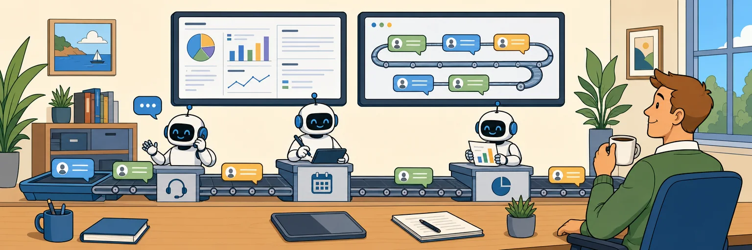 Illustration of a calm operations room: small robots handling message flows at stations while one relaxed human supervises dashboards