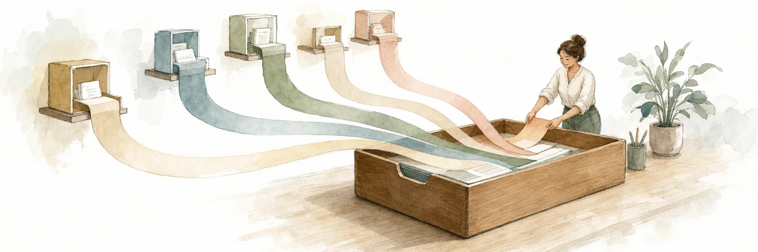 Watercolour illustration of ribbons arriving from several channels and funnelling into one shared inbox tray