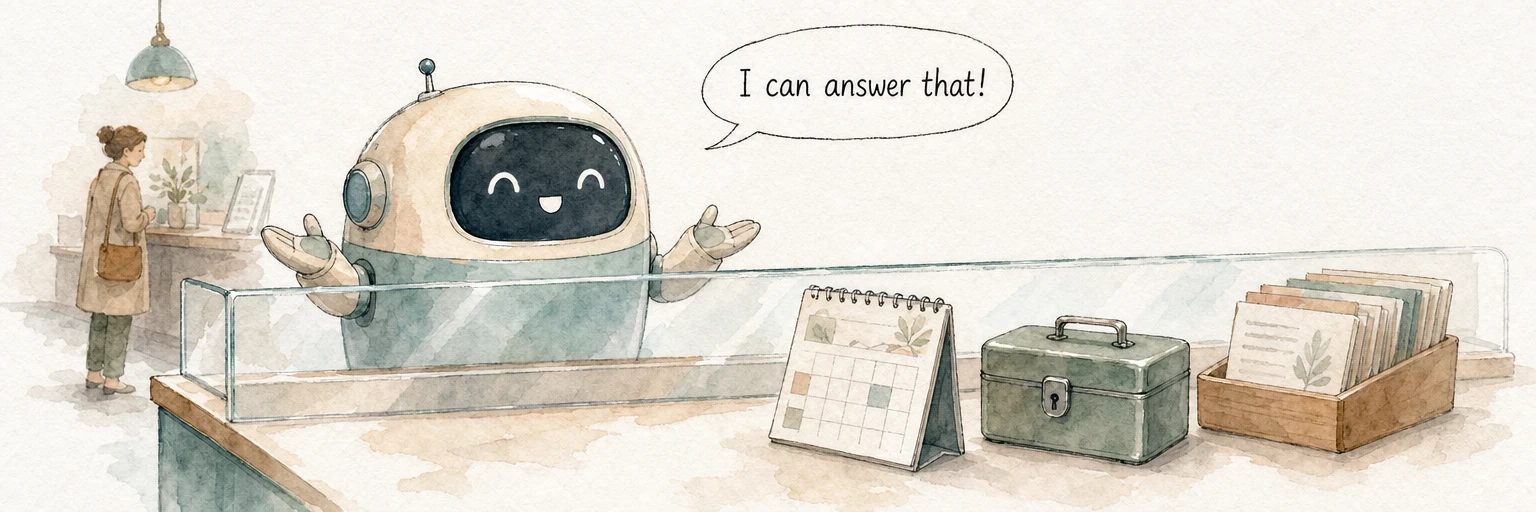 Watercolour illustration of a friendly machine answering warmly from behind a glass counter, unable to reach the calendar and order cards beyond it