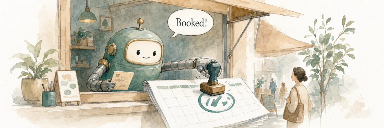 Watercolour illustration of a friendly machine reaching past the counter to stamp a calendar page while holding an order card