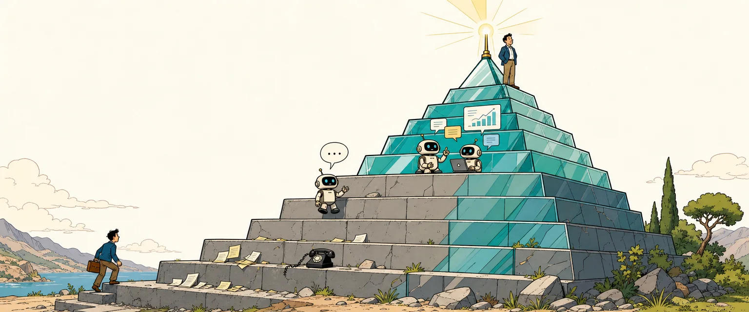 Illustration of a six-step pyramid staircase: messy paper at the bottom, small robot helpers appearing on higher steps, a business owner at the summit