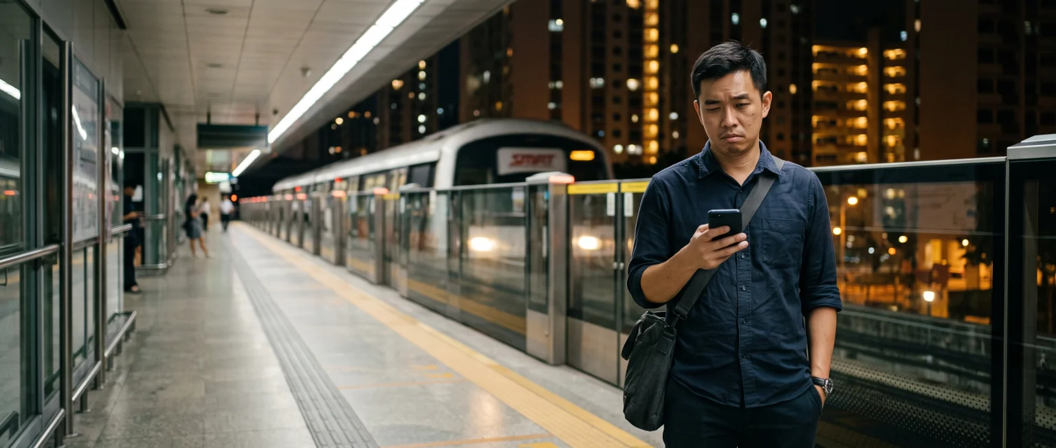 A commuter on a Singapore MRT platform at night looks at his phone with a resigned expression