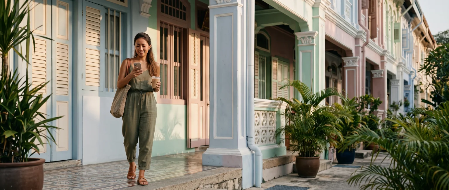 A woman walks past Singapore shophouses in the morning, smiling slightly at her phone
