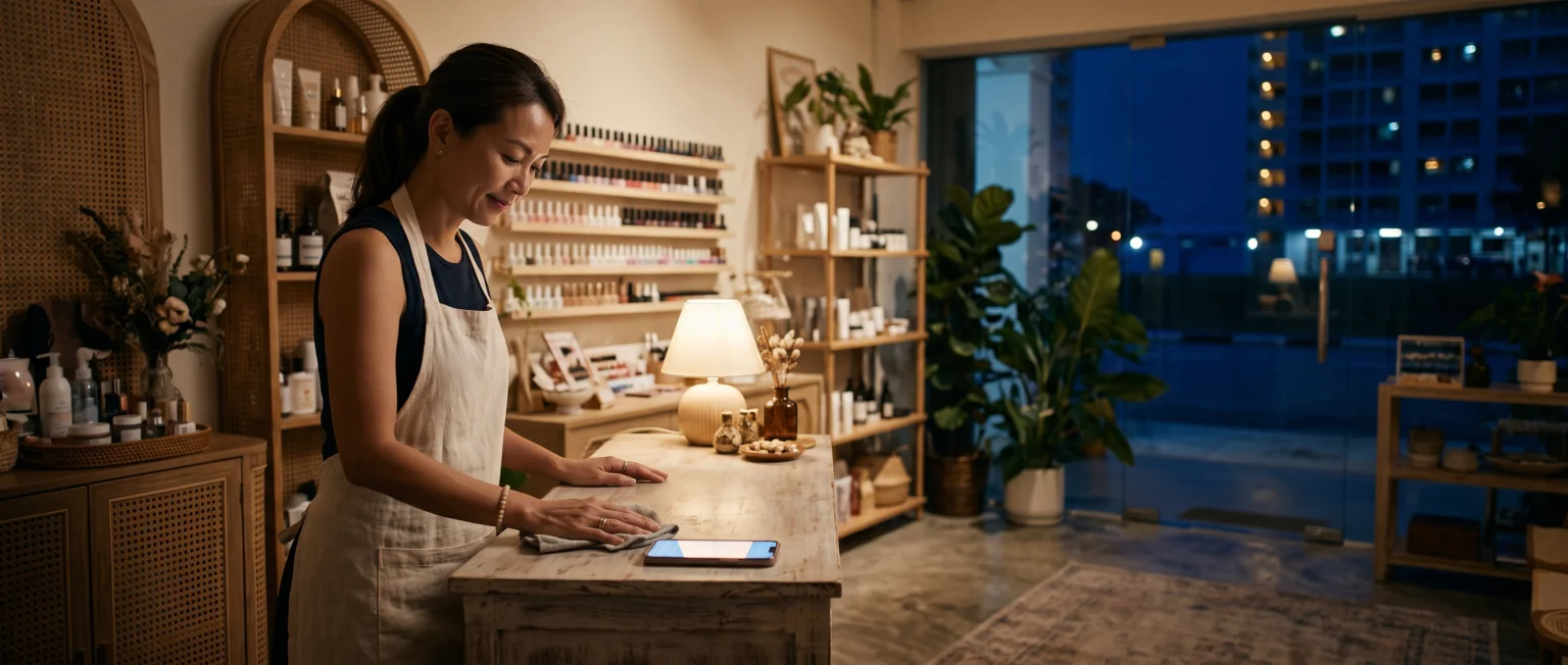 A studio owner wipes down her counter at closing time while her phone glows on the counter beside her