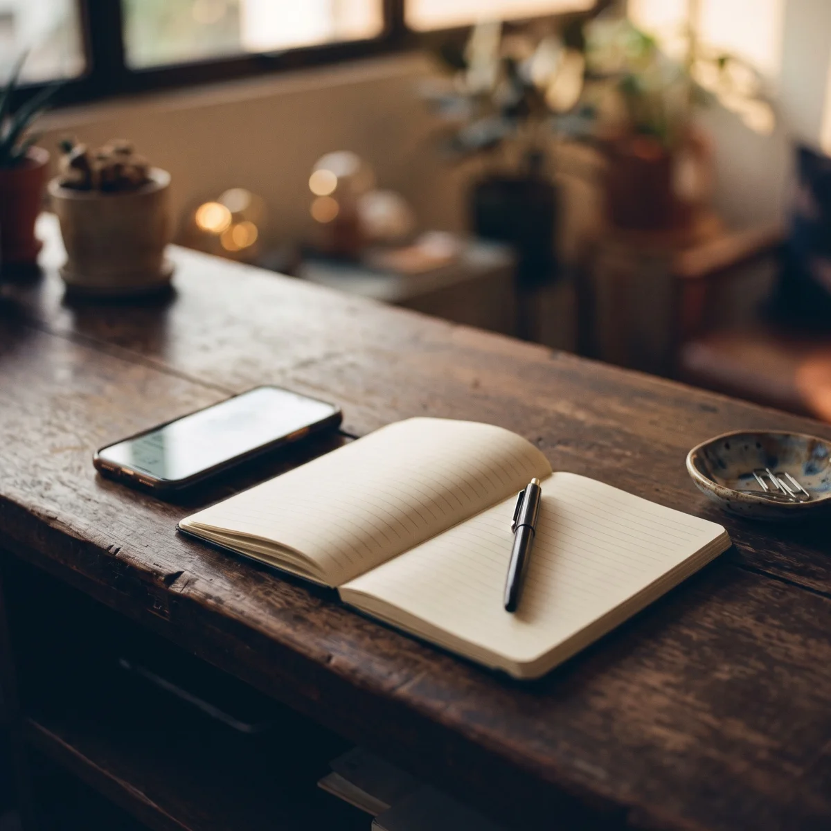 A phone lying beside an open appointment book on a wooden reception counter in warm light