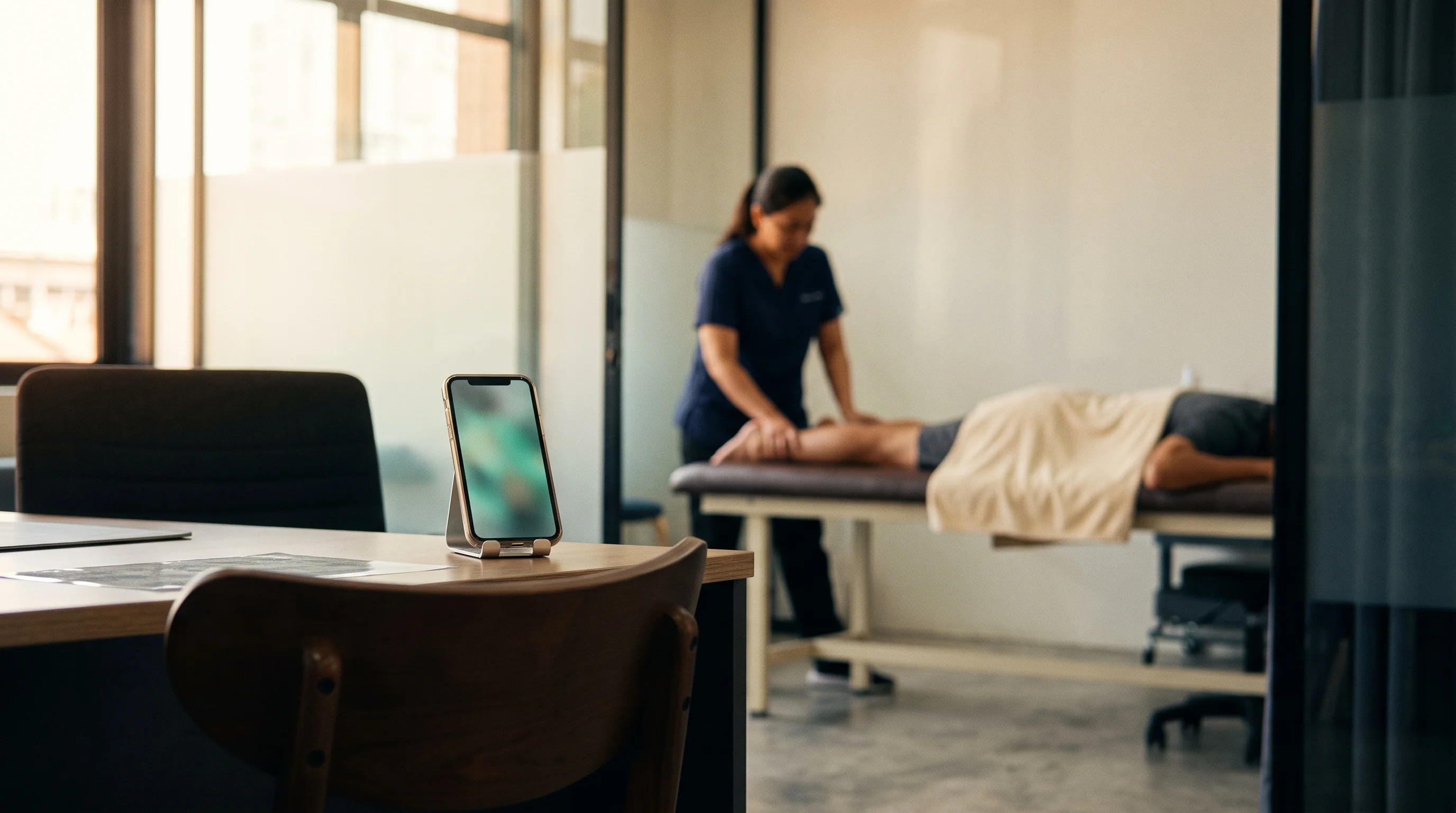 A physiotherapy clinic front desk where a smartphone quietly holds the counter while a physiotherapist treats a patient behind