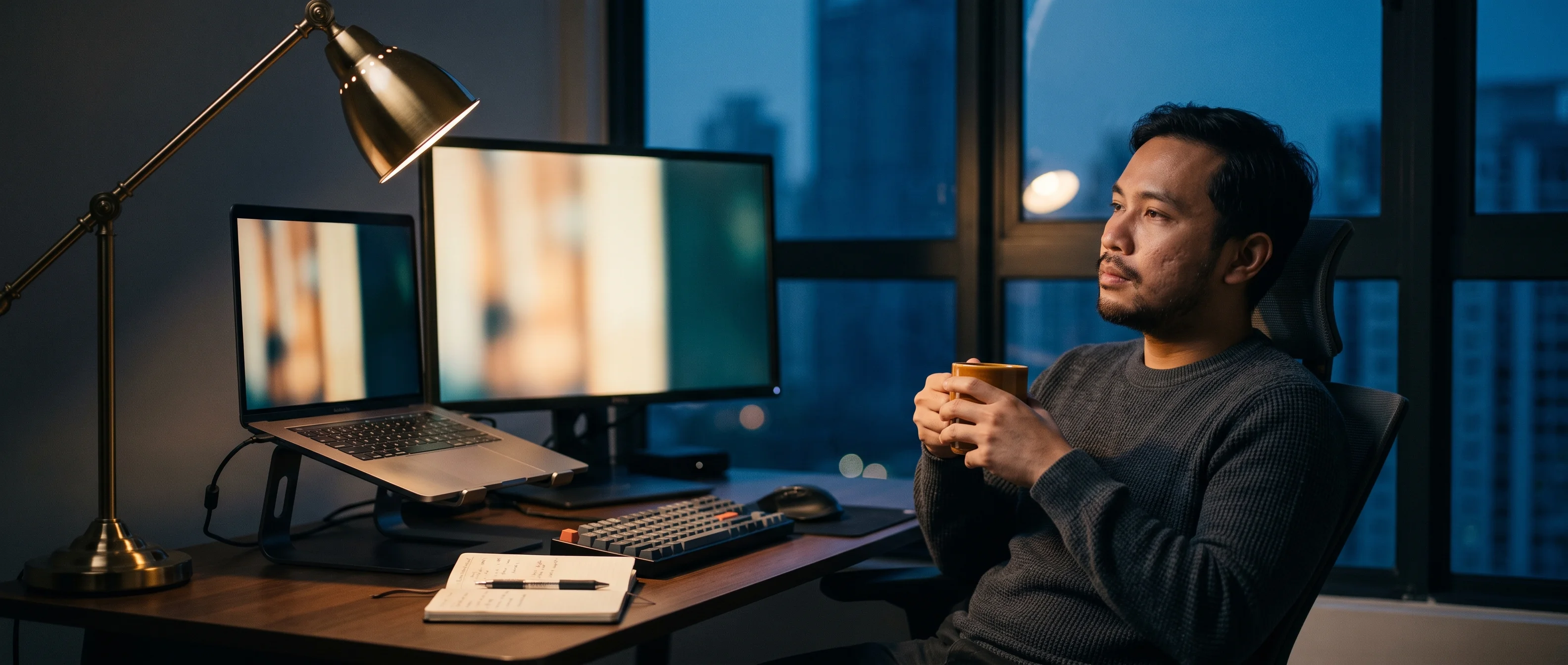 An engineer working at a dusk-lit desk with laptop and monitor, careful systems work in progress