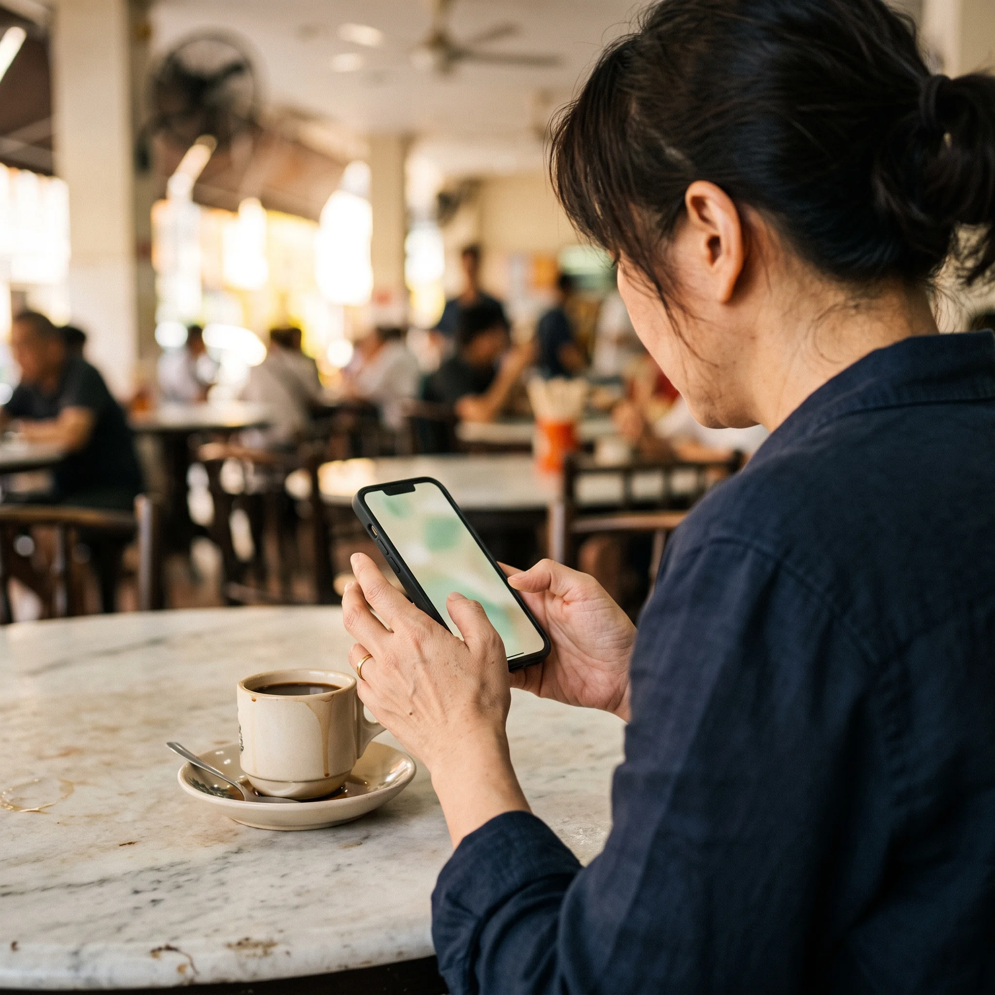 Hands holding a phone over breakfast, an appointment settled in a quiet minute