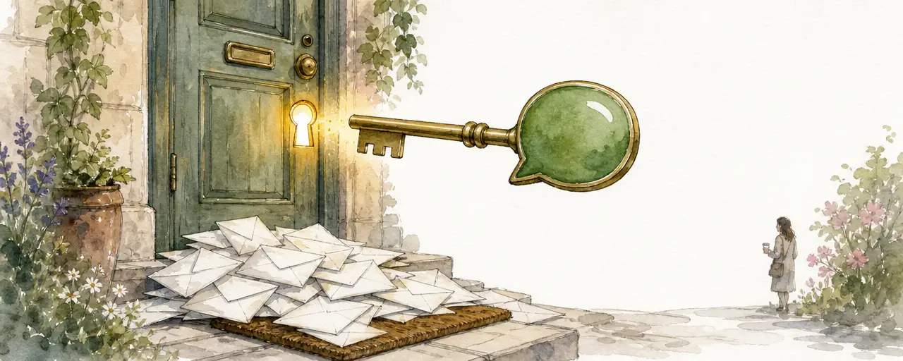 Watercolour illustration of a brass key with a green chat bubble head turning in a glowing front door lock while unopened envelopes pile up on the doormat below