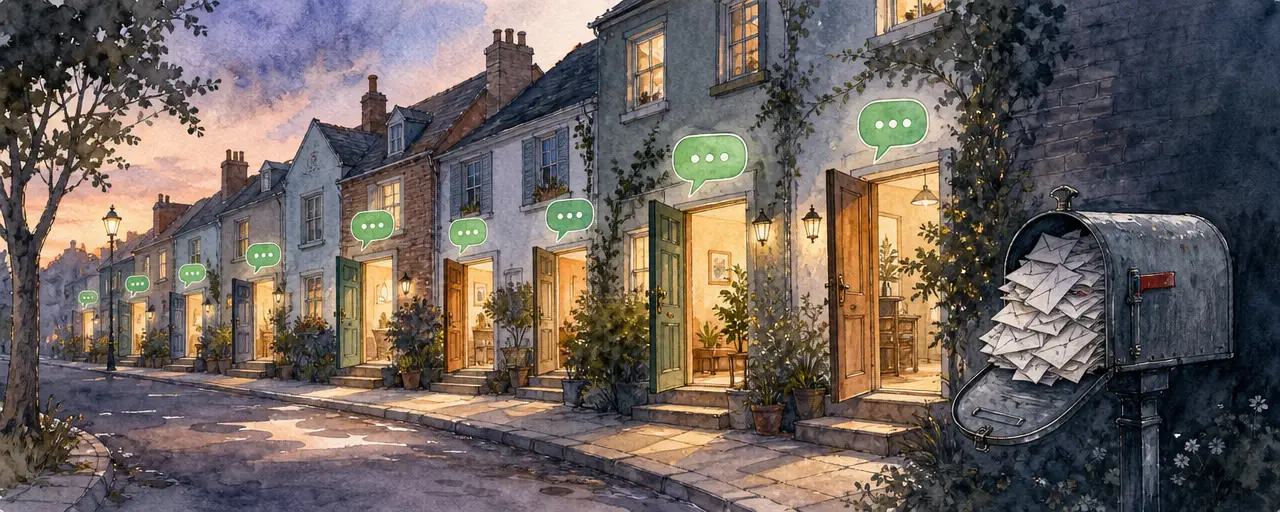 Watercolour illustration of an evening street where almost every front door glows open with green chat bubbles floating above, while one shadowed mailbox overflows with unopened envelopes