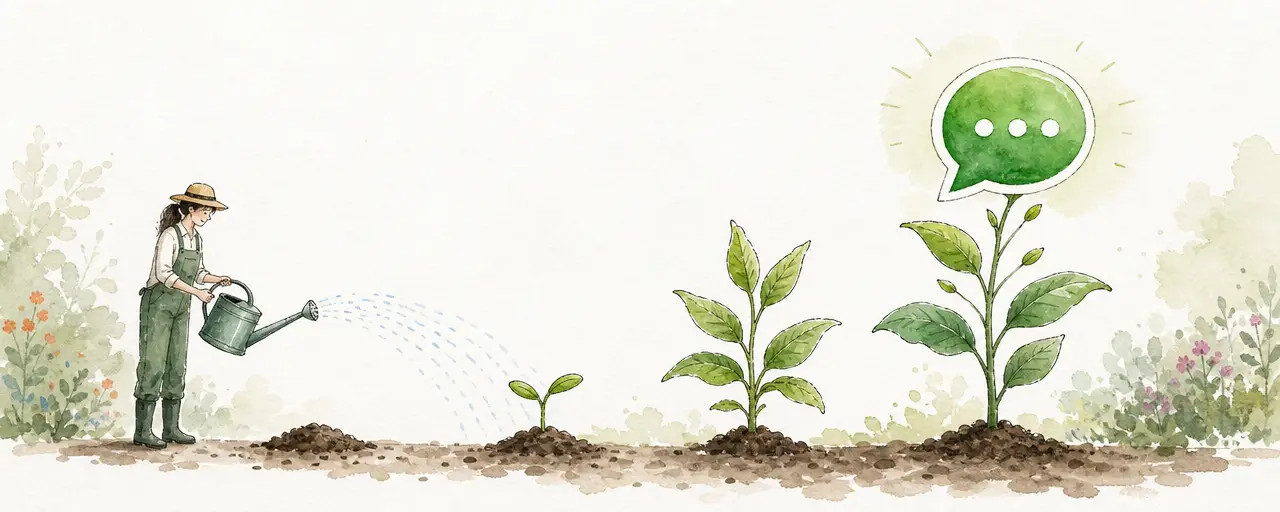 Watercolour illustration of a garden bed where the same plant grows taller left to right under a watering can, the tallest blooming into a green chat bubble flower
