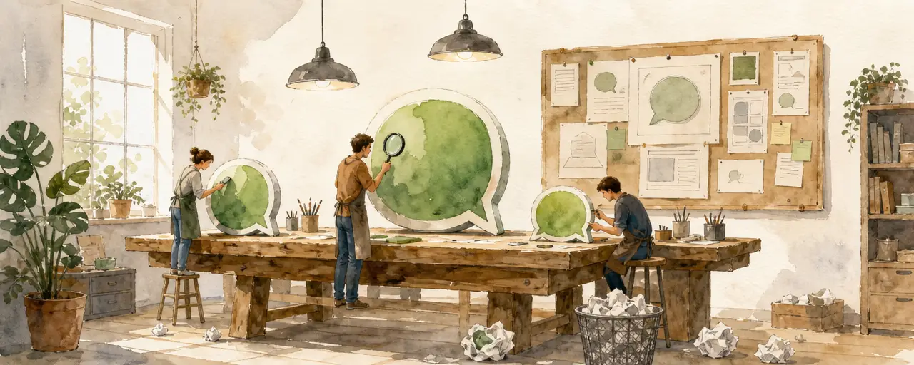 Watercolour illustration of a craft workshop where a small team shapes and inspects oversized green chat bubbles at a wooden bench, crumpled paper drafts on the floor