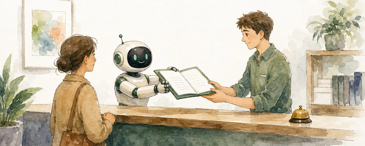 Watercolour illustration of a small robot passing a folder across a service counter to a human colleague while a customer waits