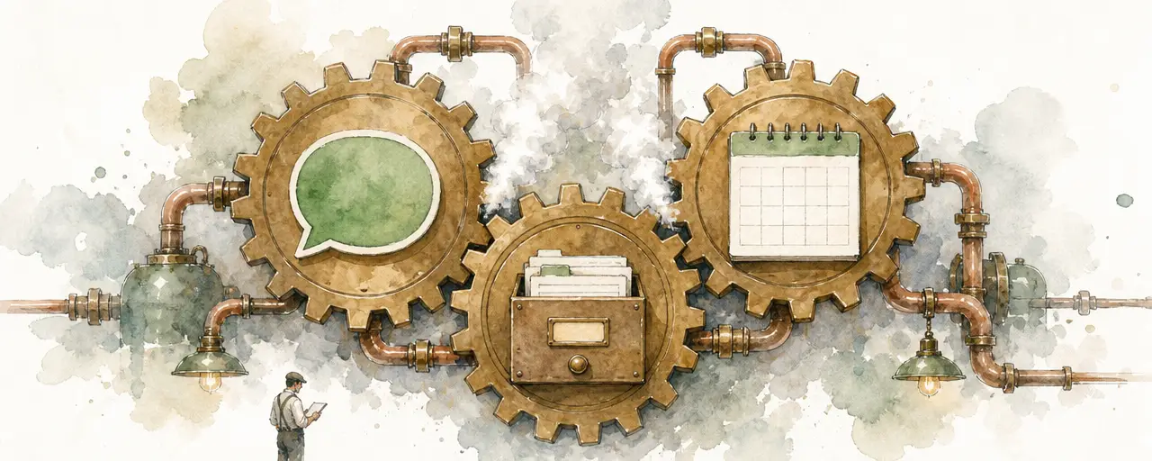 Watercolour illustration of three interlocking brass gears carrying a green chat bubble, a blank calendar page and a card index drawer, turning together