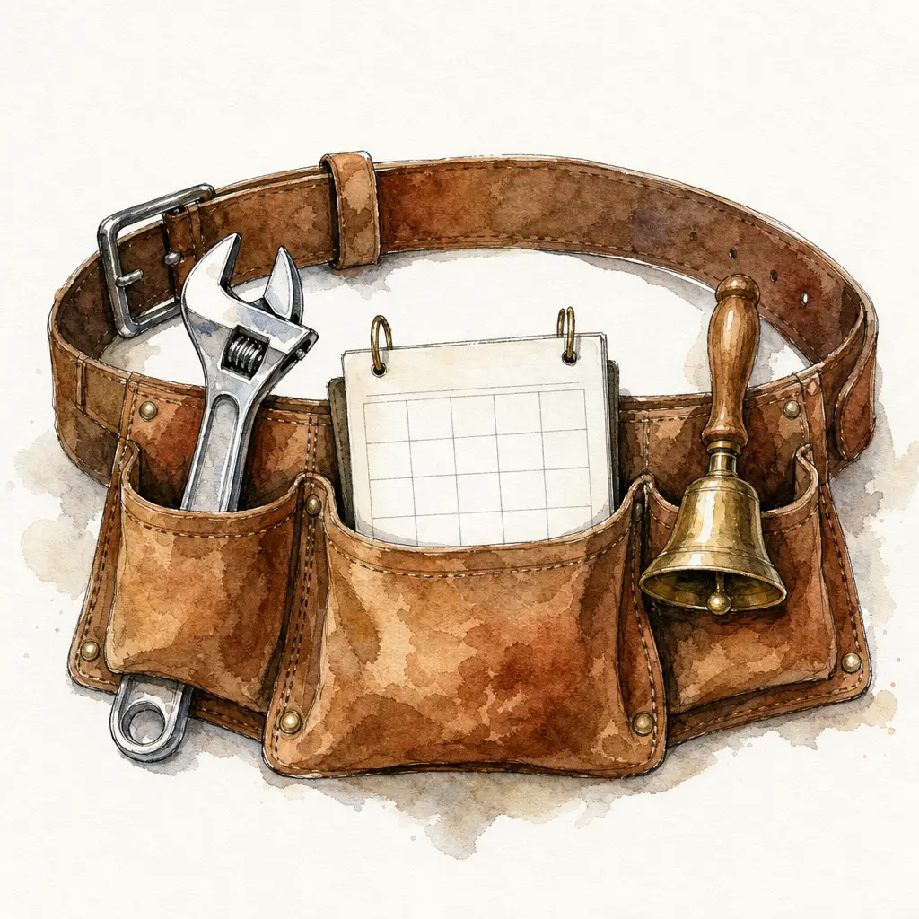 Watercolour illustration of a leather tool belt holding a spanner, a blank calendar card and a small brass bell