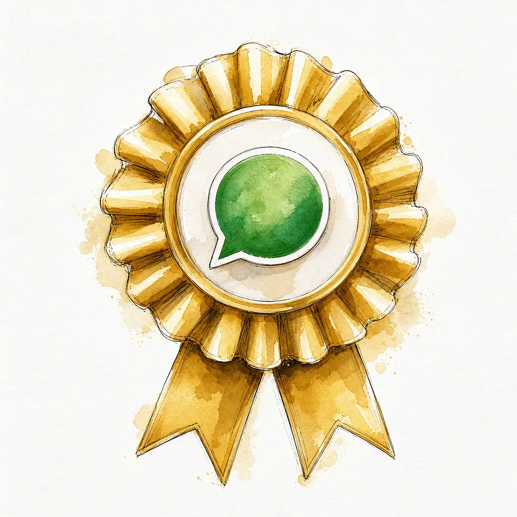 Watercolour illustration of a gold award rosette with a green chat bubble at its centre