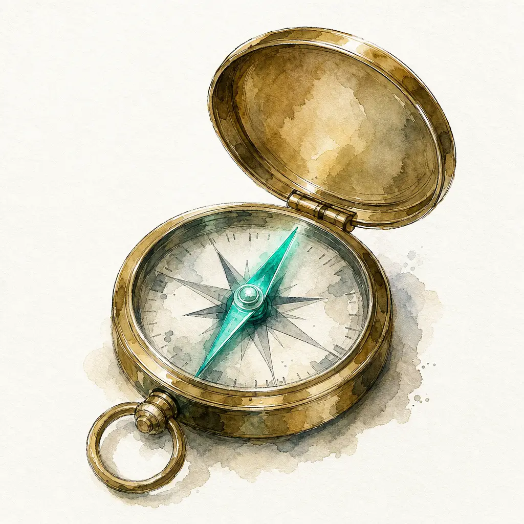 Watercolour illustration of an antique brass compass with a teal needle pointing ahead