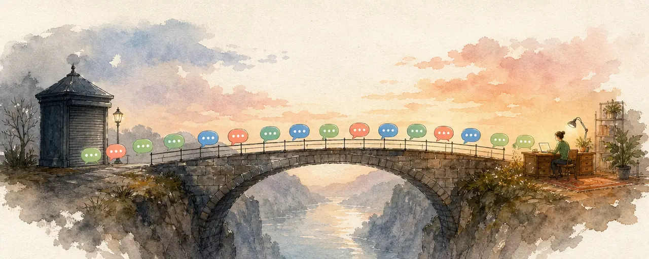 Watercolour illustration of a stone bridge carrying a stream of coloured chat bubbles across a deep gap, from a dim closed booth on one bank to a warmly lit desk where a figure receives them