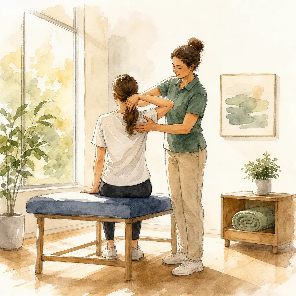 Watercolour illustration of a physiotherapist guiding a seated patient through a shoulder stretch in a sunlit treatment room