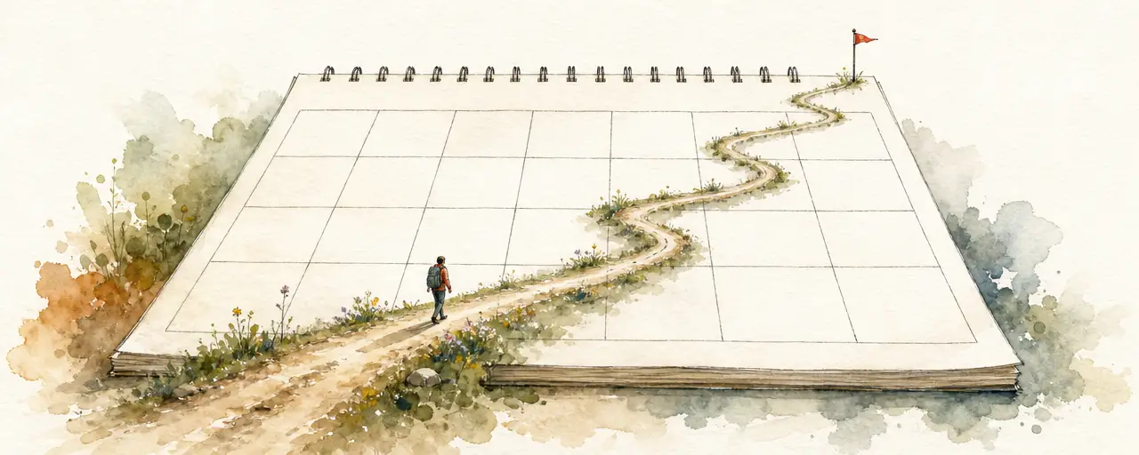 Watercolour illustration of a winding road crossing a giant blank calendar grid towards a small flag in the far corner