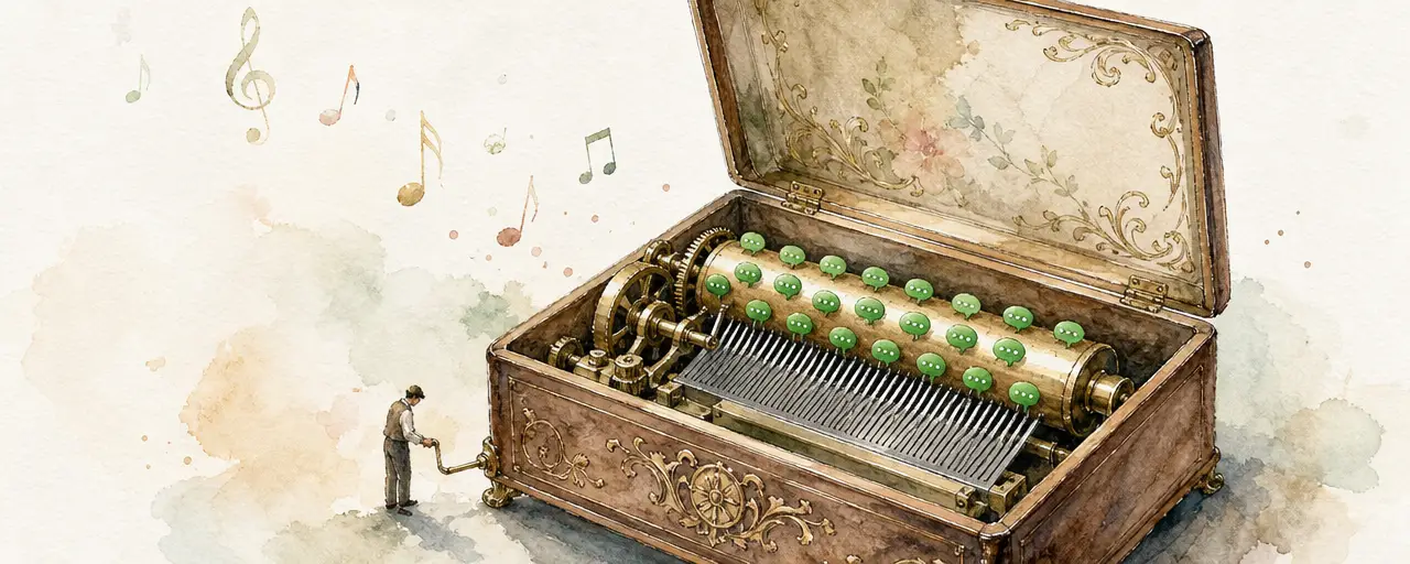 Watercolour illustration of an antique music box whose brass drum is studded with tiny green chat bubbles as pins