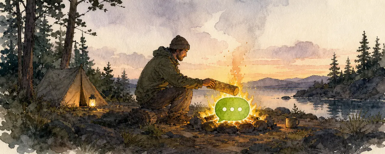 Watercolour illustration of a keeper placing a log on a small campfire whose glowing heart is a green chat bubble ember