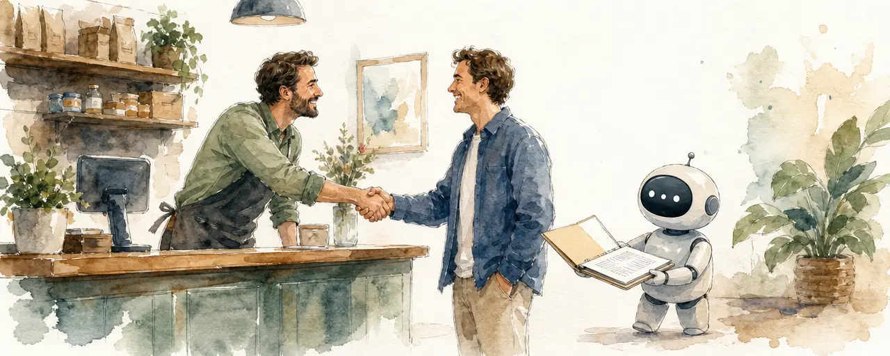 Watercolour illustration of a shopkeeper shaking hands with a customer across a counter while a small robot steps back holding an open folder