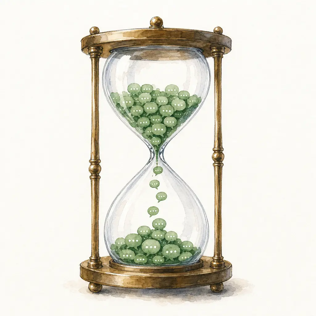 Watercolour illustration of an hourglass whose falling sand is made of tiny green chat bubbles