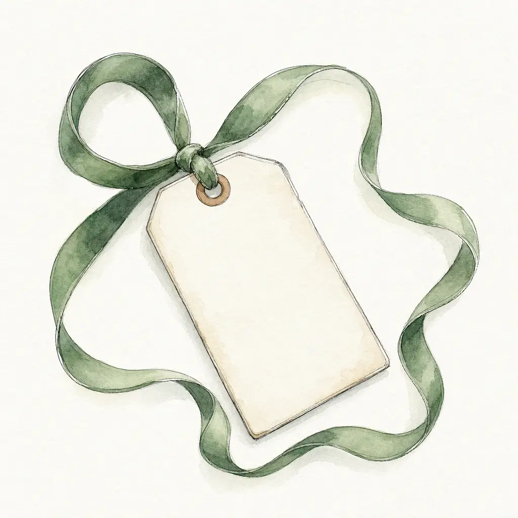 Watercolour illustration of a blank price tag tied to a long winding ribbon