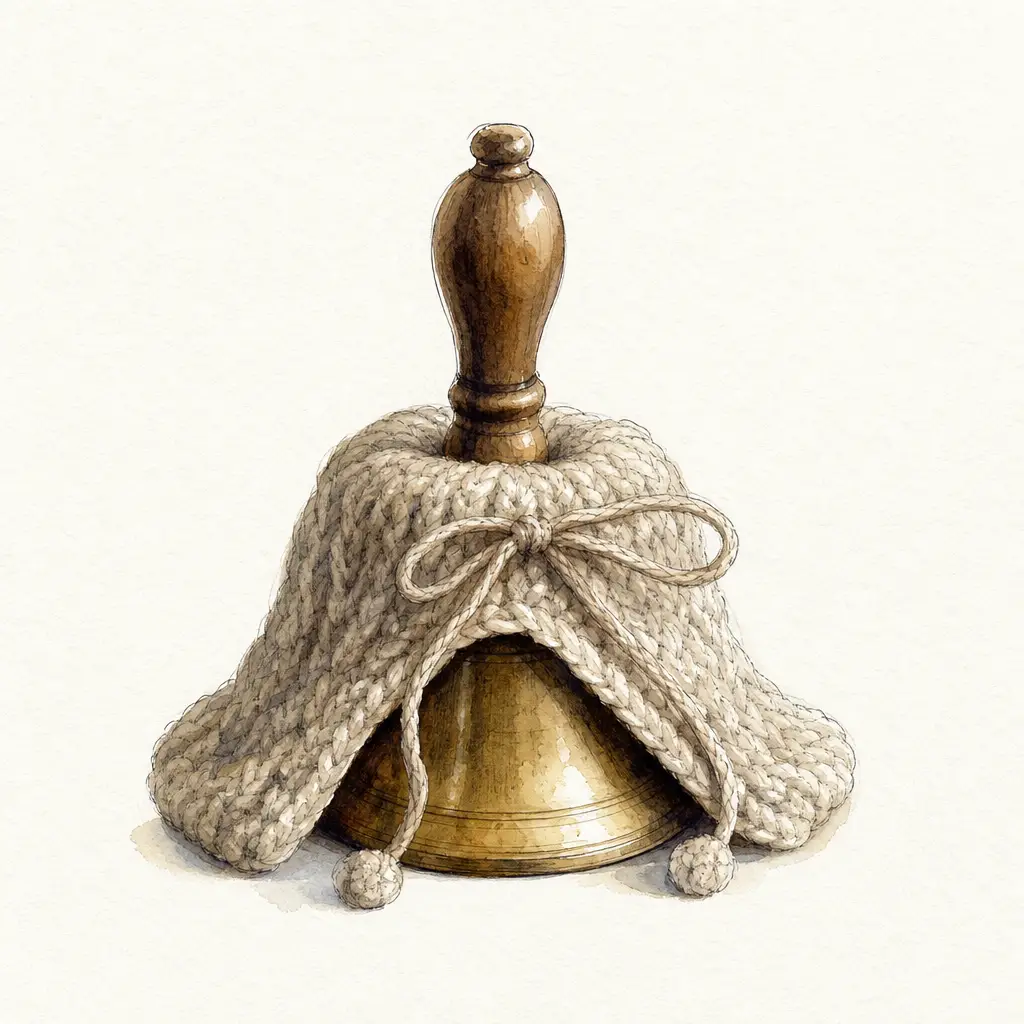 Watercolour illustration of a small brass bell resting under a knitted cosy