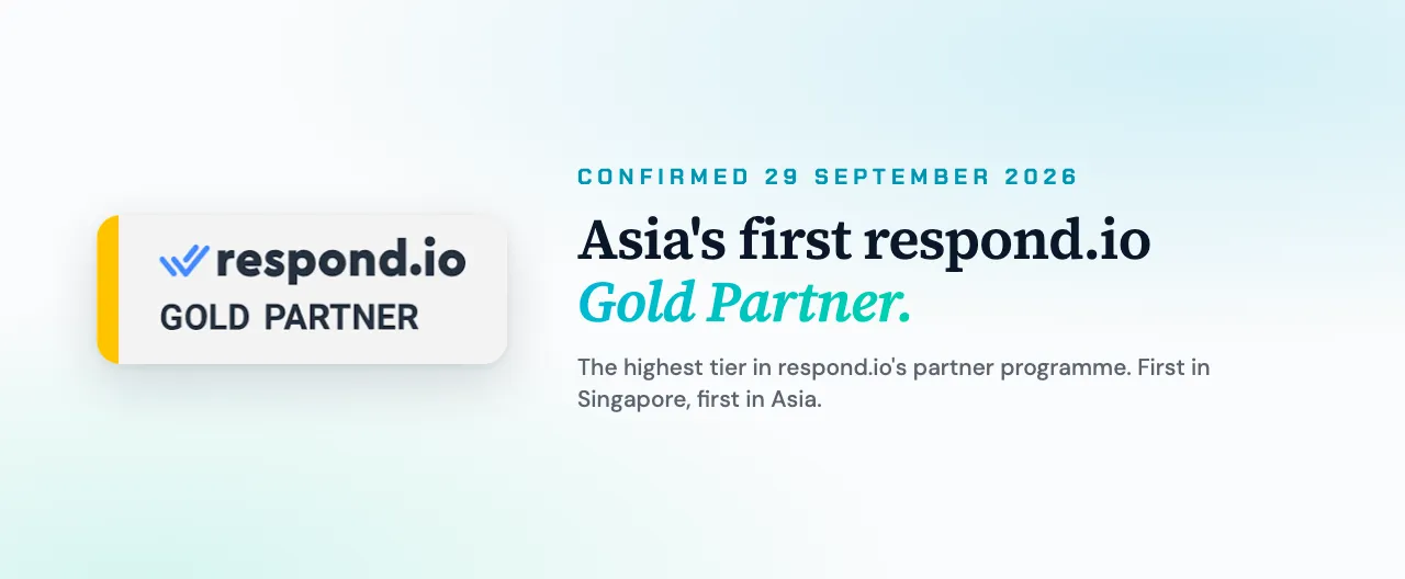 The respond.io Gold Partner badge on a card, with the line Asia's first respond.io Gold Partner beneath it