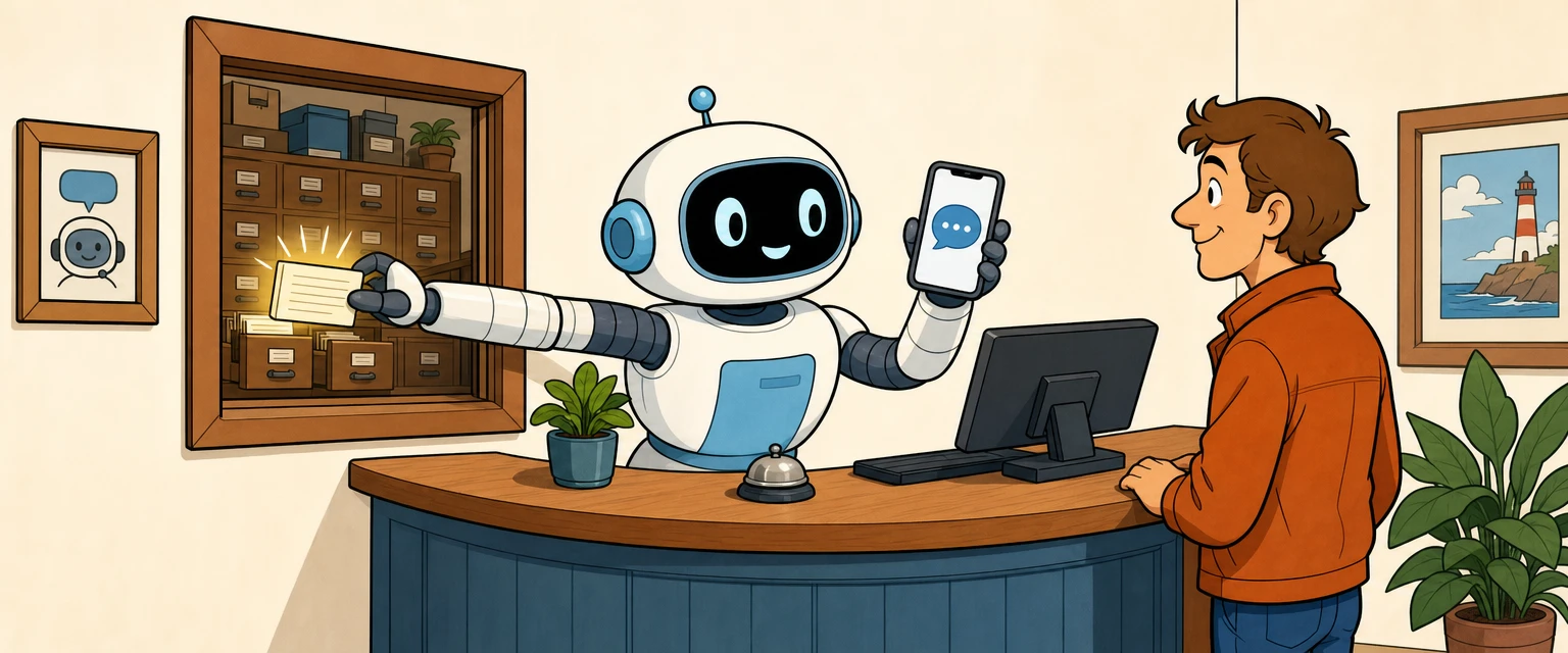 Comic illustration of a robot assistant at a front desk reaching through a hatch into a records room to fetch a customer's record card