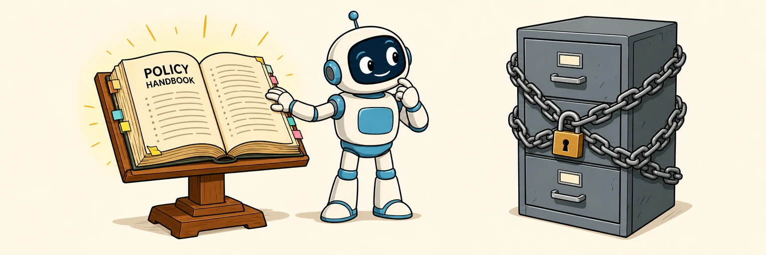 Comic illustration of a robot assistant standing between an open policy handbook and a filing cabinet locked with a chain