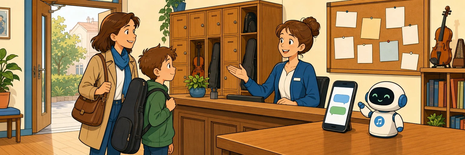 Comic illustration of a music school reception with a parent and child arriving with a violin case while a robot assistant stands by a phone on the counter