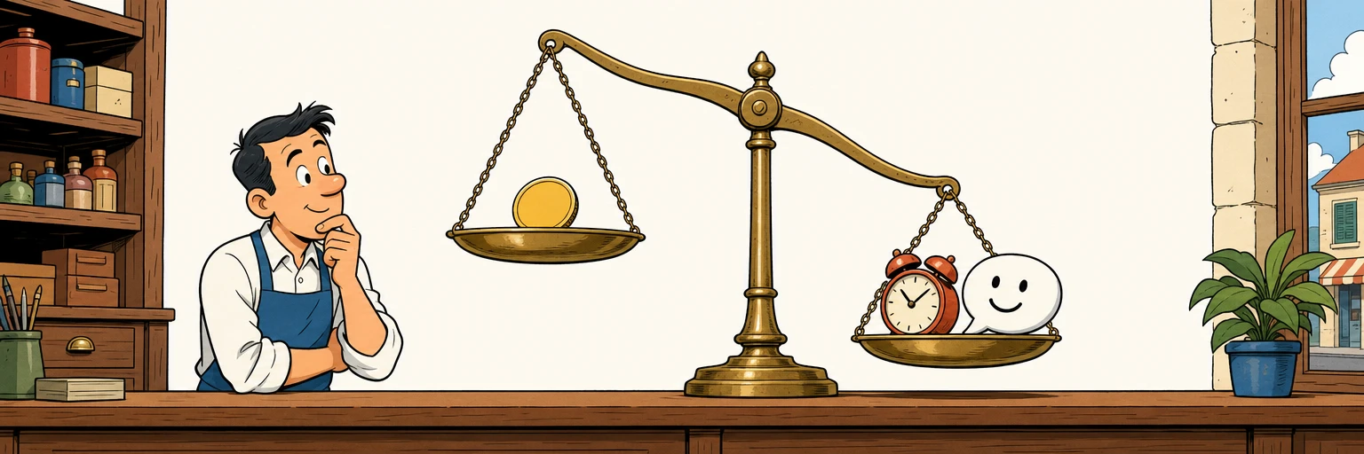 Comic illustration of a balance scale on a counter with a single coin on the raised pan and an alarm clock with a happy chat bubble on the lower pan