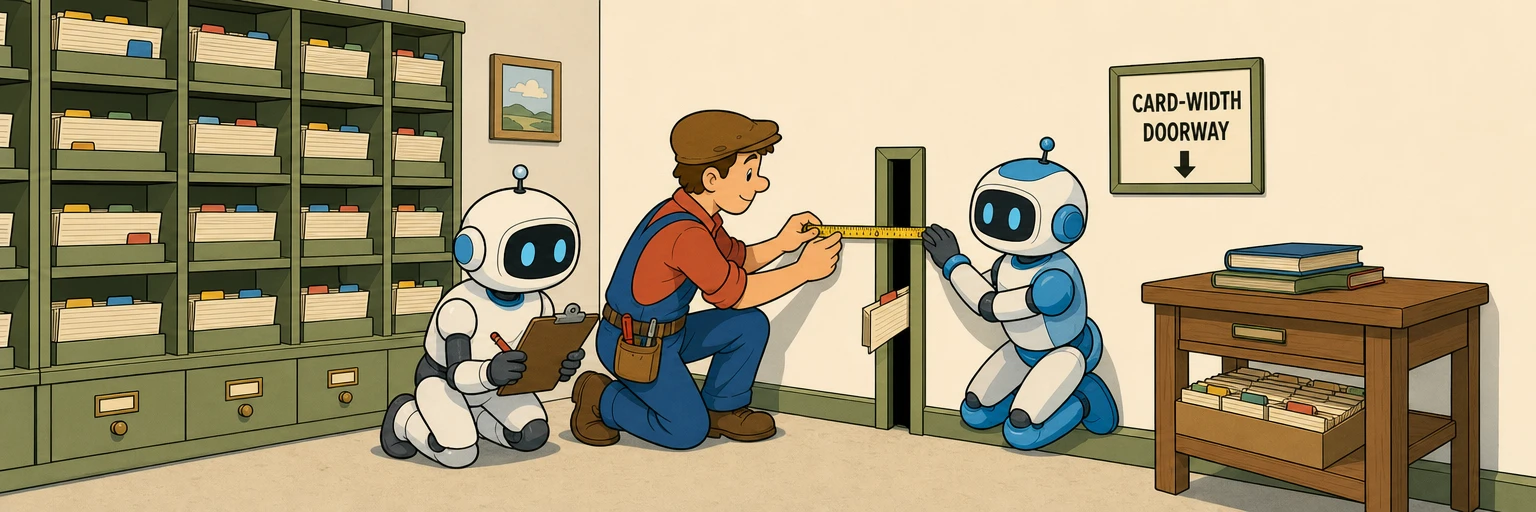 Comic illustration of robot assistants and a builder installing a doorway just wide enough for a single record card to pass through