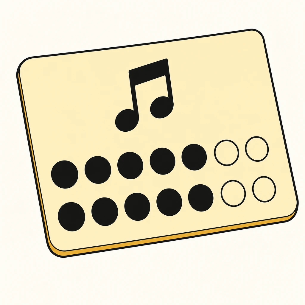 Comic illustration of a lesson package punch card with a music note and rows of filled and empty circles